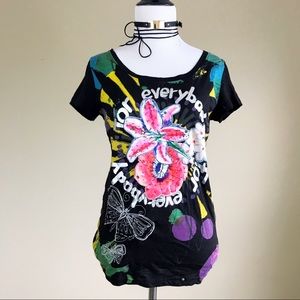 Desigual Graphic Tee Shirt Floral Lotus Yoga